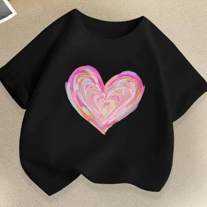 Camiseta Feminina Solta 100% Algodão Estampa Coração Aquarela Colorido Moda Casual Confortavel Para Uso Diario Juvenil