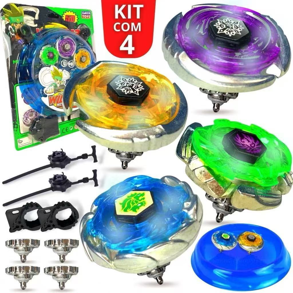 Brinqiedo Kit 4 Beyblade Metal Led + 2 Lançador + Arena,Com Led Super Rapido Pronto Para Batalha