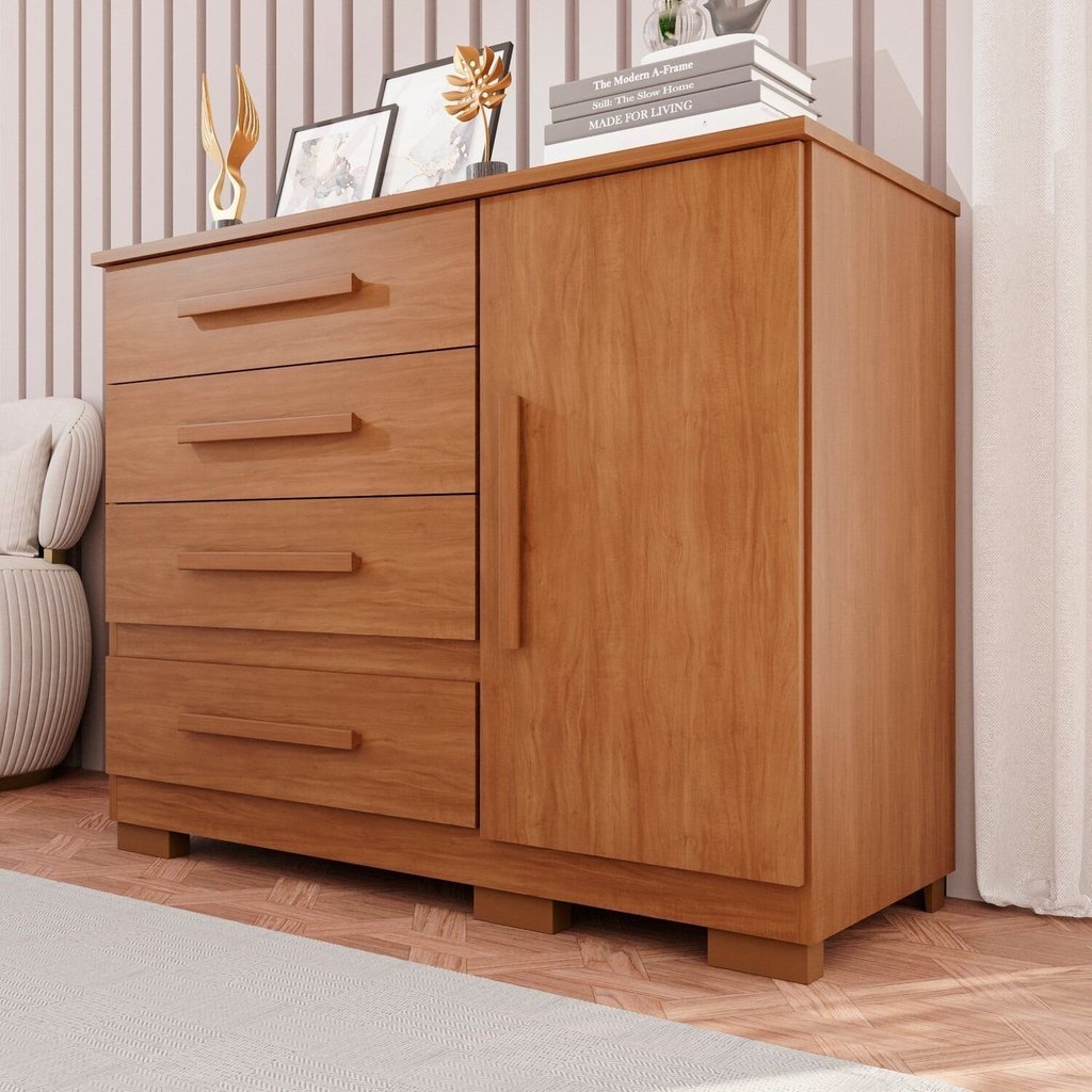 Cômoda para Quarto 1 Portas 4 Gavetas Pérola Expresso Móveis Marrom/Cinamomo Cinamomo