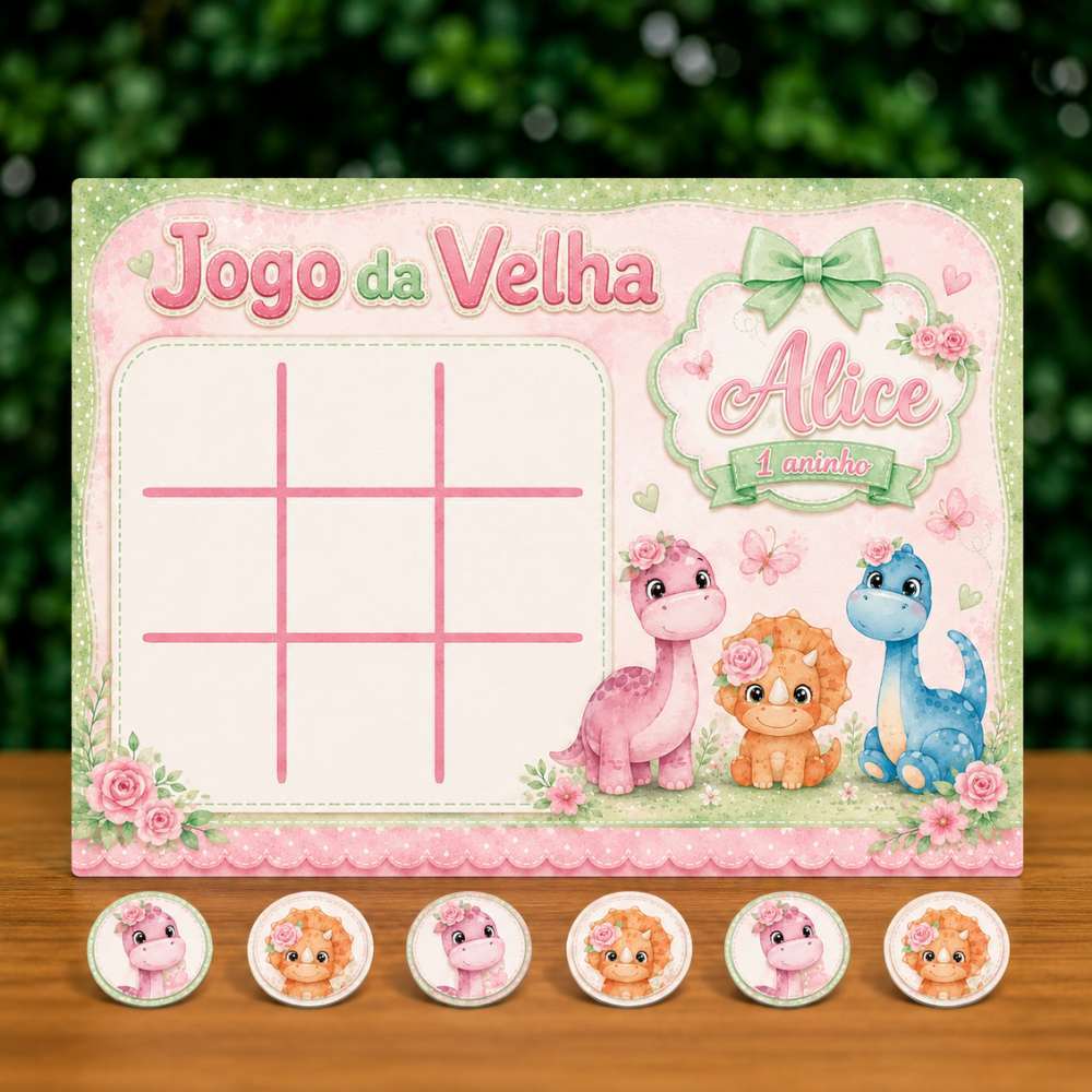 Lembrancinha Personalizada Jogo da Velha Dinossauro Baby Rosa / Lembrancinha de Aniversário Personalizada