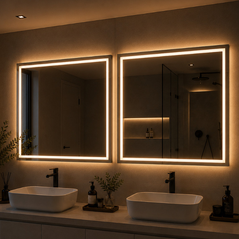 Kit 2 Espelhos Led mais Forte 3 cores Touch 50x50 Jateado Quadrado Premium Banheiro Quarto Sala Cuba Luxo