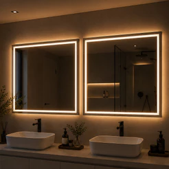 Kit 2 Espelhos Led mais Forte 3 cores Touch 50x50 Jateado Quadrado Premium Banheiro Quarto Sala Cuba Luxo