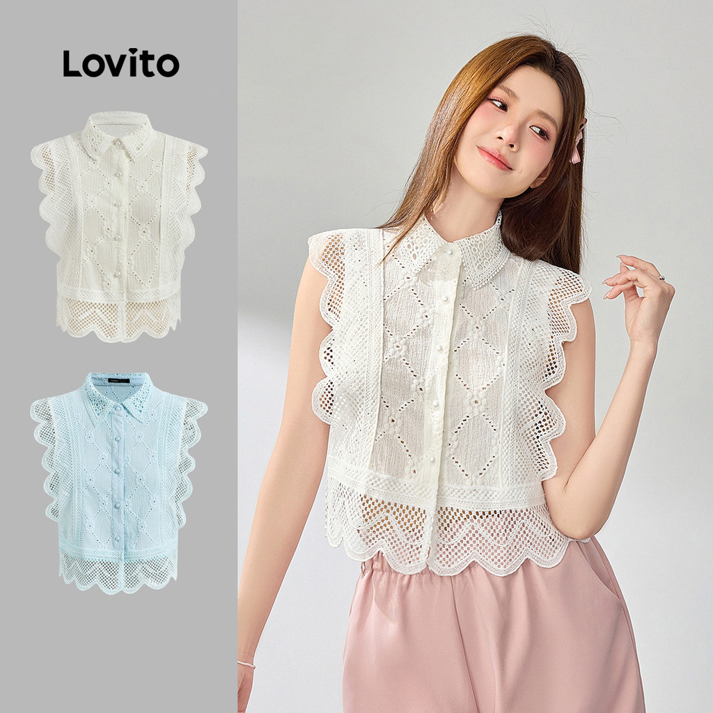 (Férias)Lovito x Glenda Blusa Feminina De Manga Curta Com Bordado Inglês Em Rend