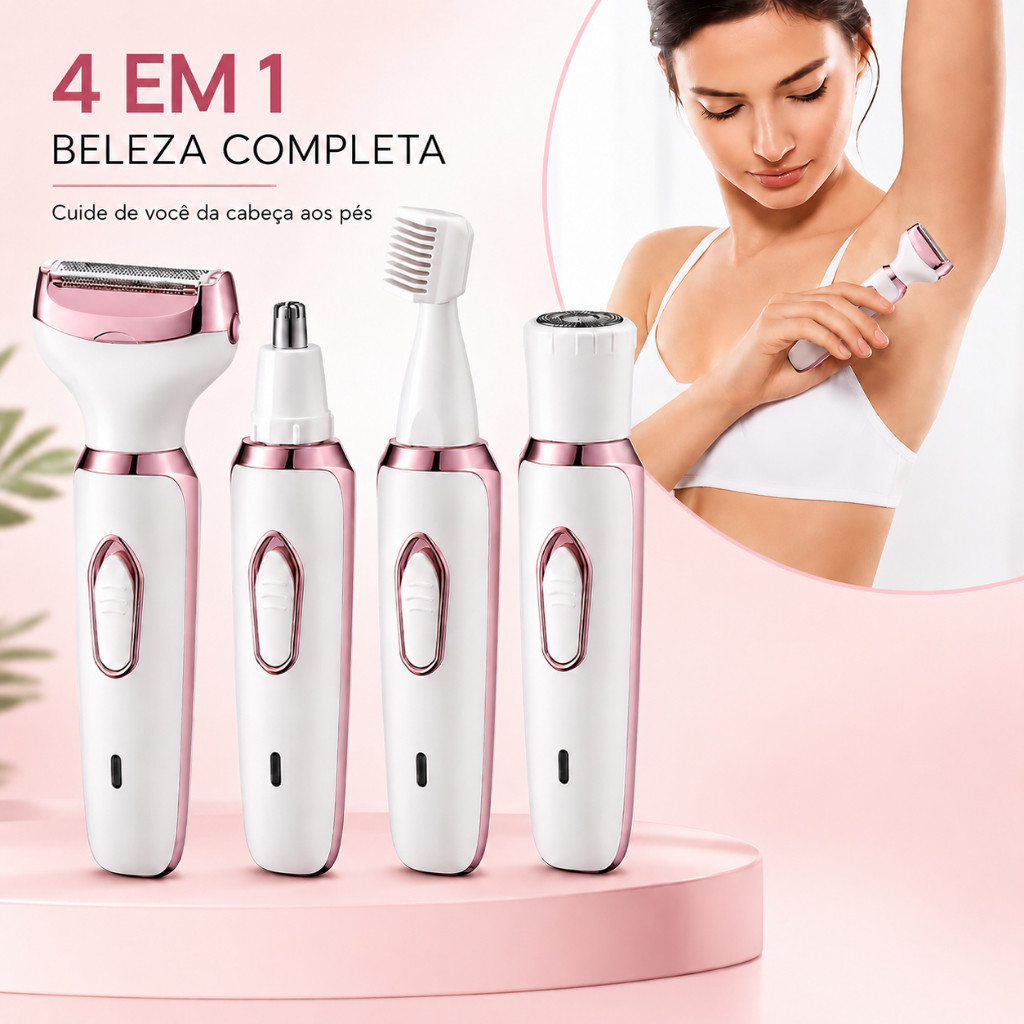 Barbeador Elétrico Feminino 4 Em 1 Depilador Aparador Corpo Íntimo Facial Nariz USB Recarregável