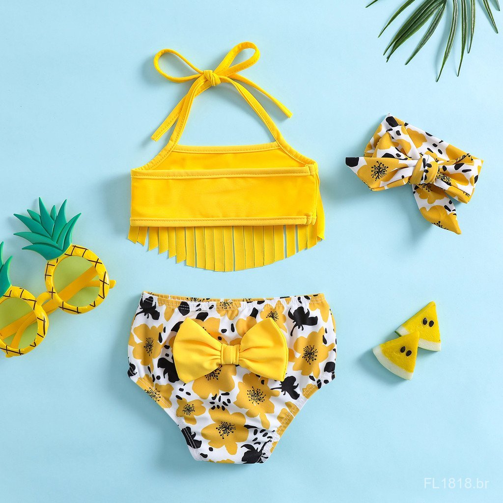 Conjunto de Biquíni Infantil Feminino com Estampa Floral 2026 Novo Maiô com Laço de Verão para Bebê Duas Peças B