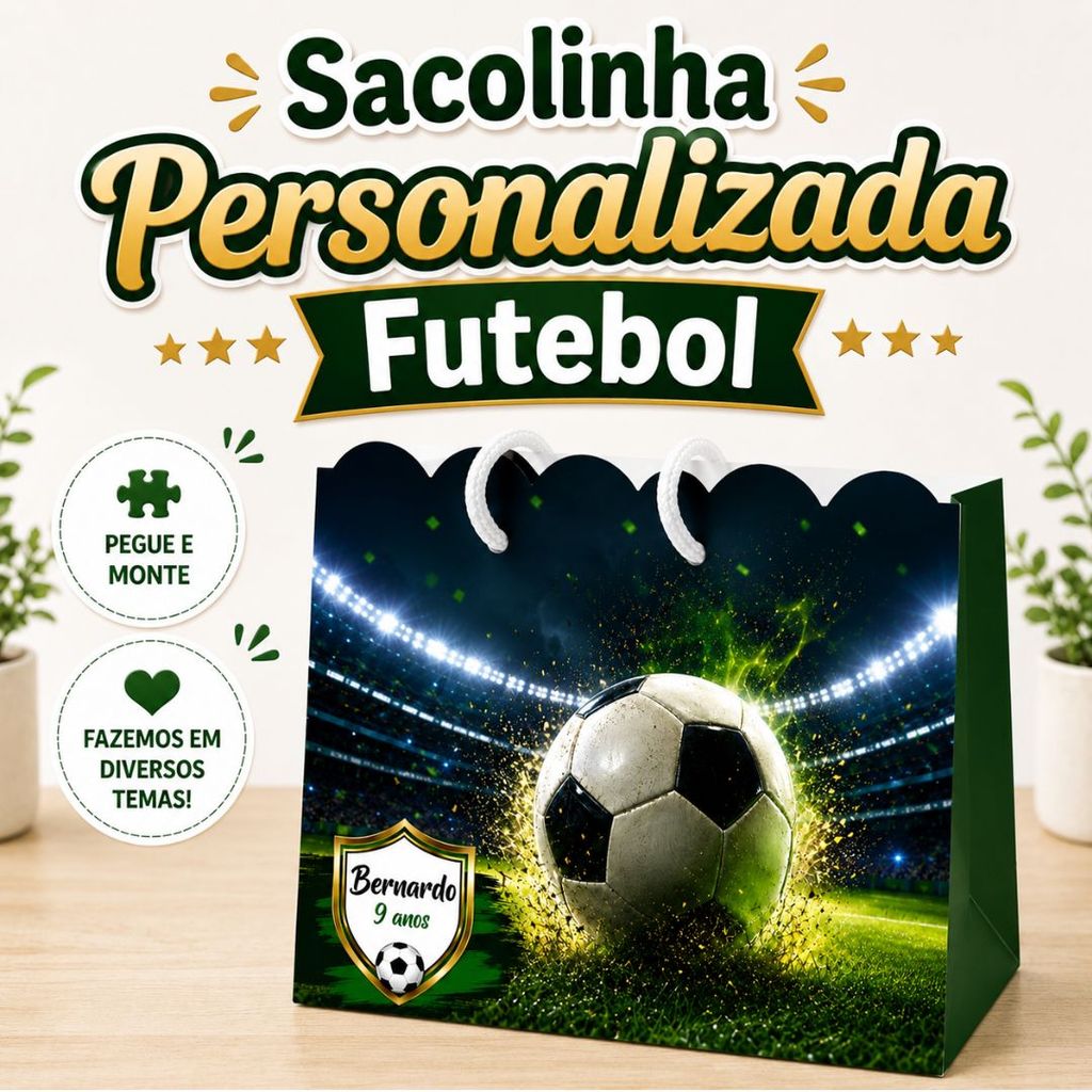 Sacola Personalizada Futebol Aniversário | Diversos Temas | Lembrancinha Festa Infantil | Papel Fotográfico