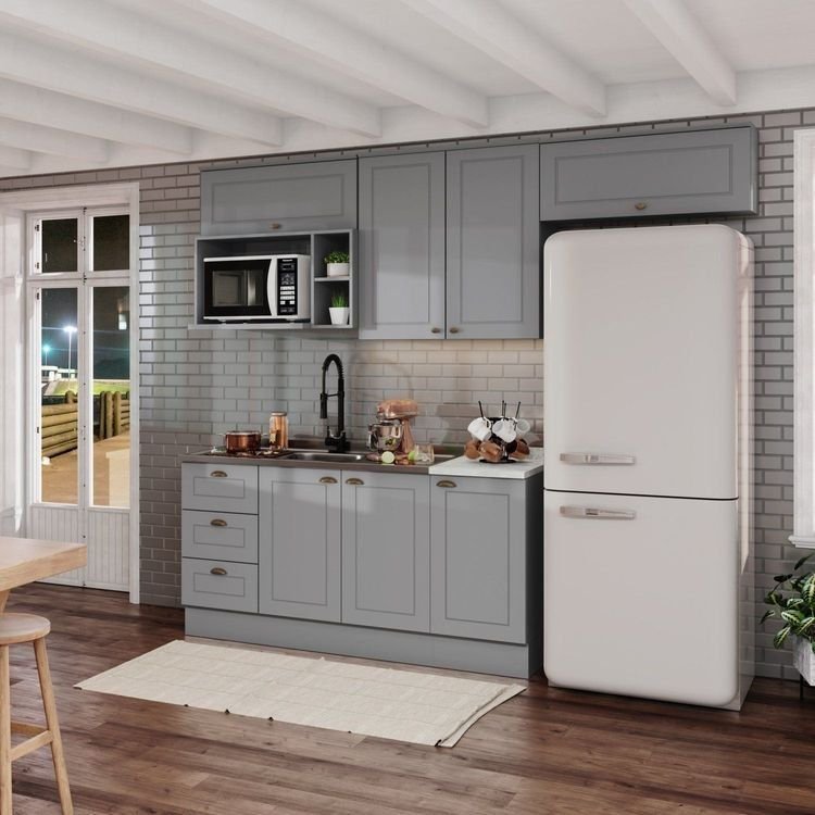 Cozinha Compacta Modulada 7 Portas 3 Gavetas Emily Cinza/Calcare Cinza/Calcare
