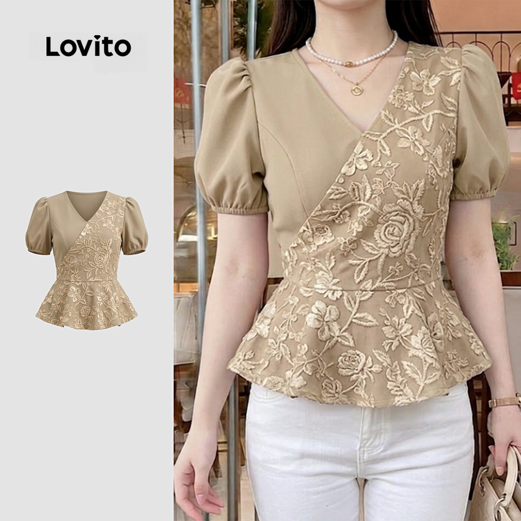(New Arrival) Lovito Blusa Elegante De Manga Curta Bufante Com Decote Em V Em Tecido Jacquard Com Costura Na Cor Cáqui Para Primavera/verão Feminina LR41E023