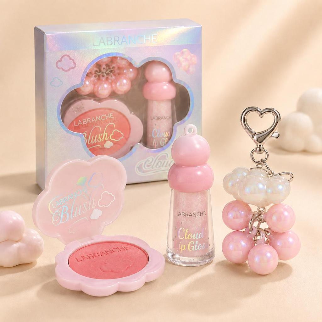 Combo Kit Maquiagem 3 Peças Blush Compacto + Lip Gloss Brilho Labial + Chaveiro Decoração Cosmético — imagem 2 de 2