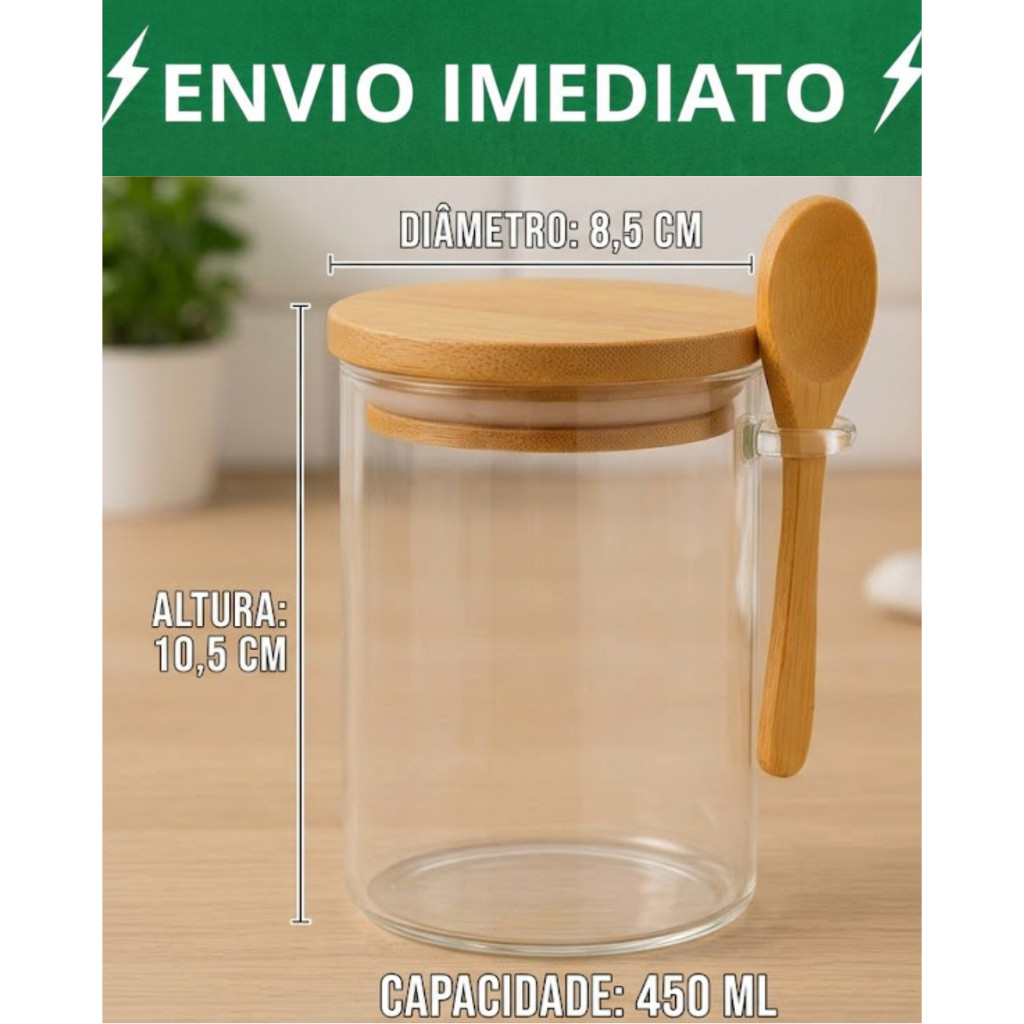 Conjunto 4 / 3 / 2 /1 Pote De Vidro Hermético com Tampa De Bambu 450ml Com Colher De Bambu tempero, café, açúcar, sal.