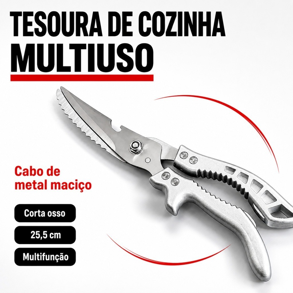 Tesoura de Cozinha Multiuso Inox Corta Osso de Frango Cabo de Metal Maciço 25,5cm Abridor Quebra-Nozes Churrasco