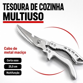 Tesoura de Cozinha Multiuso Inox Corta Osso de Frango Cabo de Metal Maciço 25,5cm Abridor Quebra-Nozes Churrasco