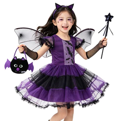 Meninas Roxo Morcego Bruxa Traje De Halloween Conjunto Crianças Cosplay Tutu Vestido Com Asa Bandana Varinha Festa Fanta