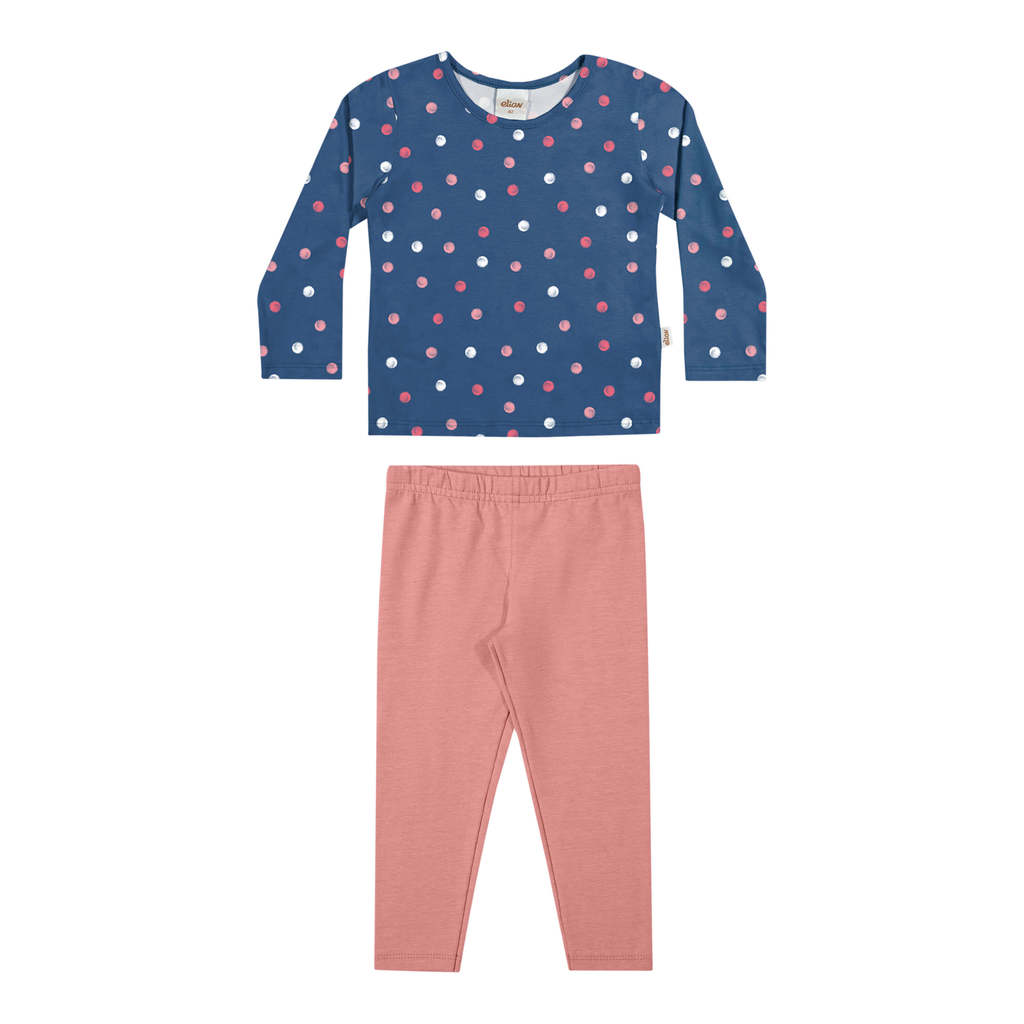 Conjunto Longo Infantil Menina Cotton Poá Elian Azul