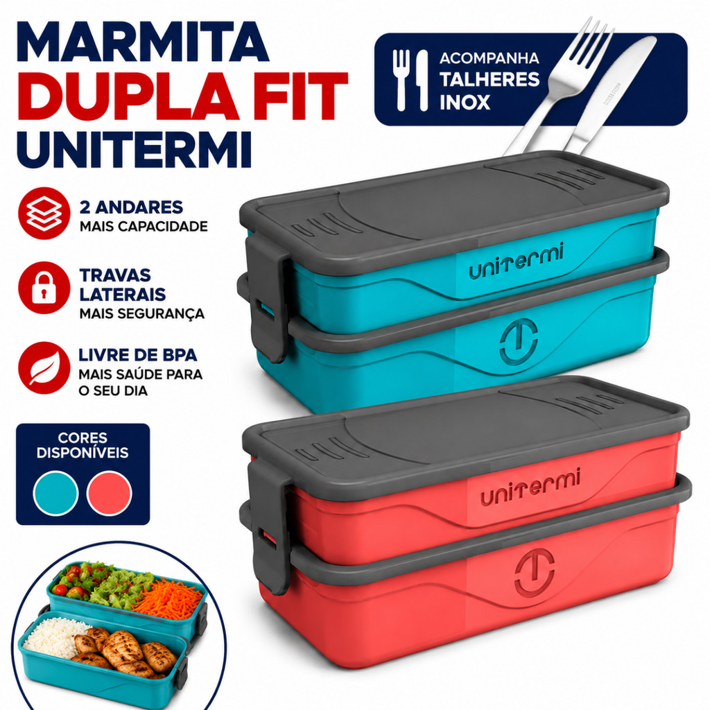 Marmitas com Travas 1,3L 2 Div BPAFREE Pote Plástico Freezer Microondas Fitness Refeição Alimento