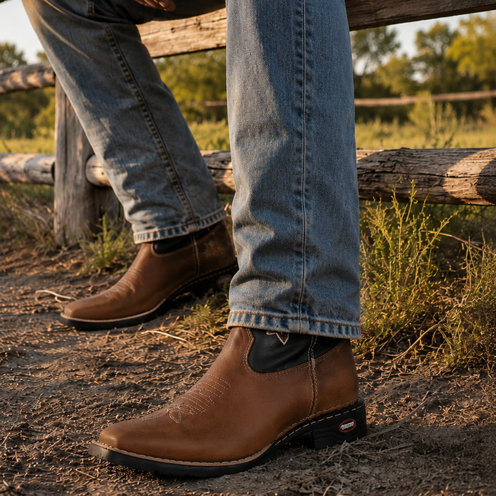 Bota Texana Country Masculina Em Couro Liso Marrom Bico quadrado