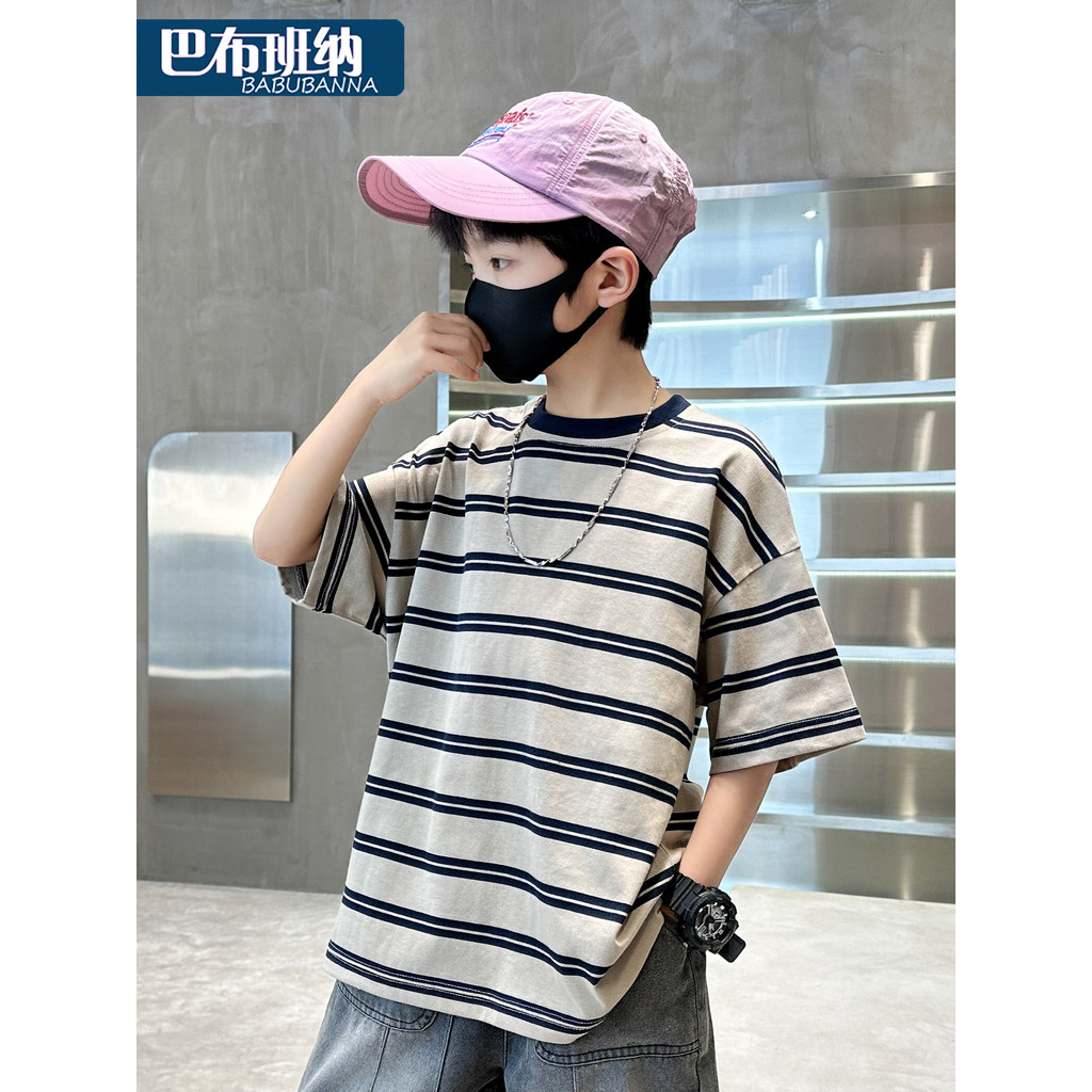 Meninos camiseta de manga curta verão 2026 novo estilo crianças verão listrado topo grandes crianças camiseta moda menin