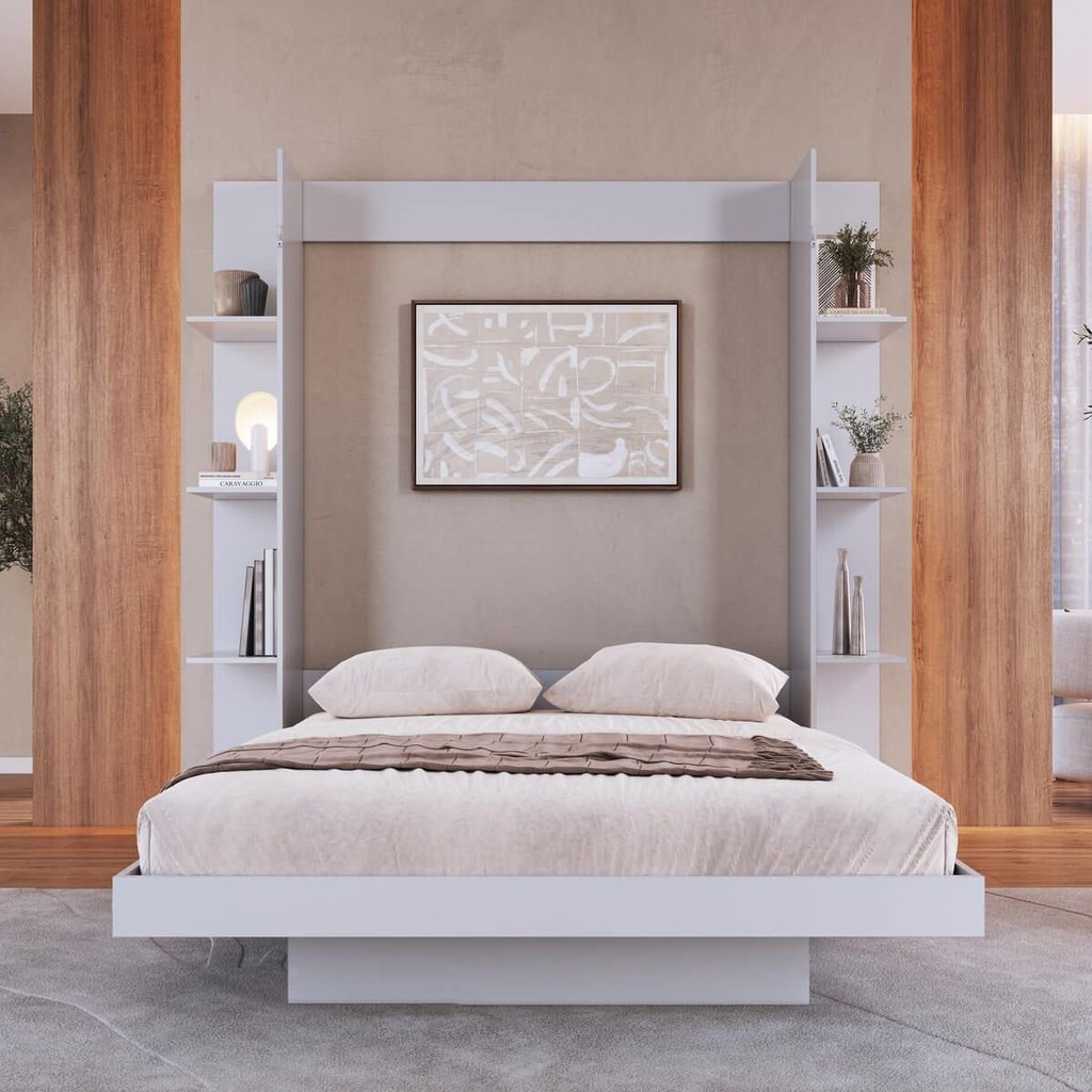 Cama Casal Articulável Vertical com Estante 140 Vancouver Branco Branco