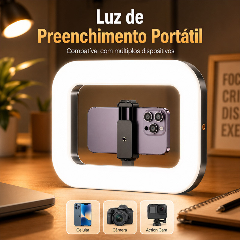Ring Light Anel de Luz Recarregável Clipe Ajustável para Celular Fotografia Selfie Conteúdo Digital