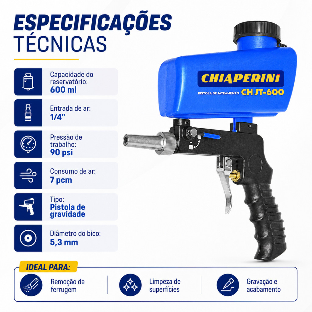 Pistola de Jateamento 600ml Chiaperini CH JT-600 90 PSI Bico 5,3mm para Compressor · foto 2