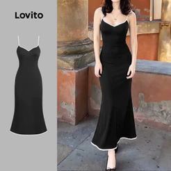 Lovito Vestido Elegante Sexy Contraste De Vestido Preto Simples De /Verão Para Mulheres LK7AD271