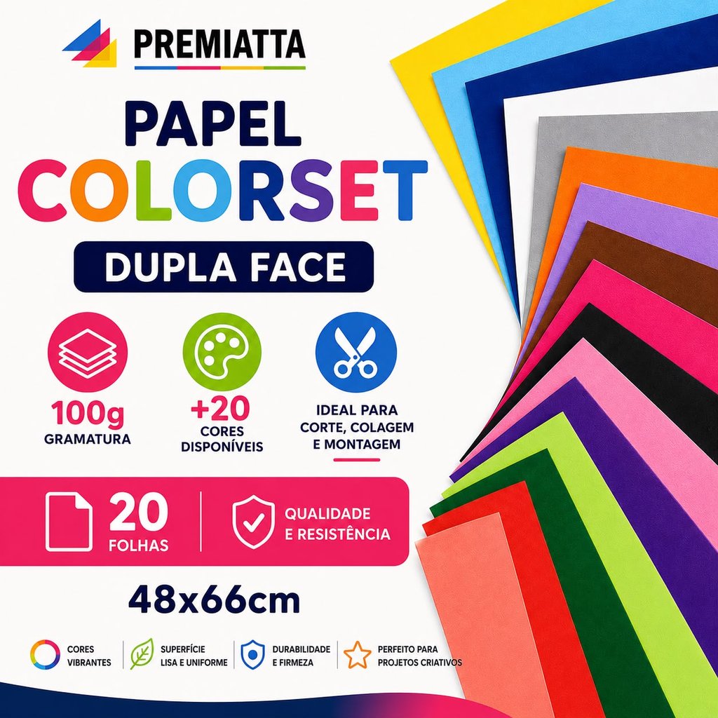 Papel Color Set Dupla Face 100g 48x66 Pacote com 20 Folhas Escolha a Cor Artesanato Artes Escola Convite Cartolina