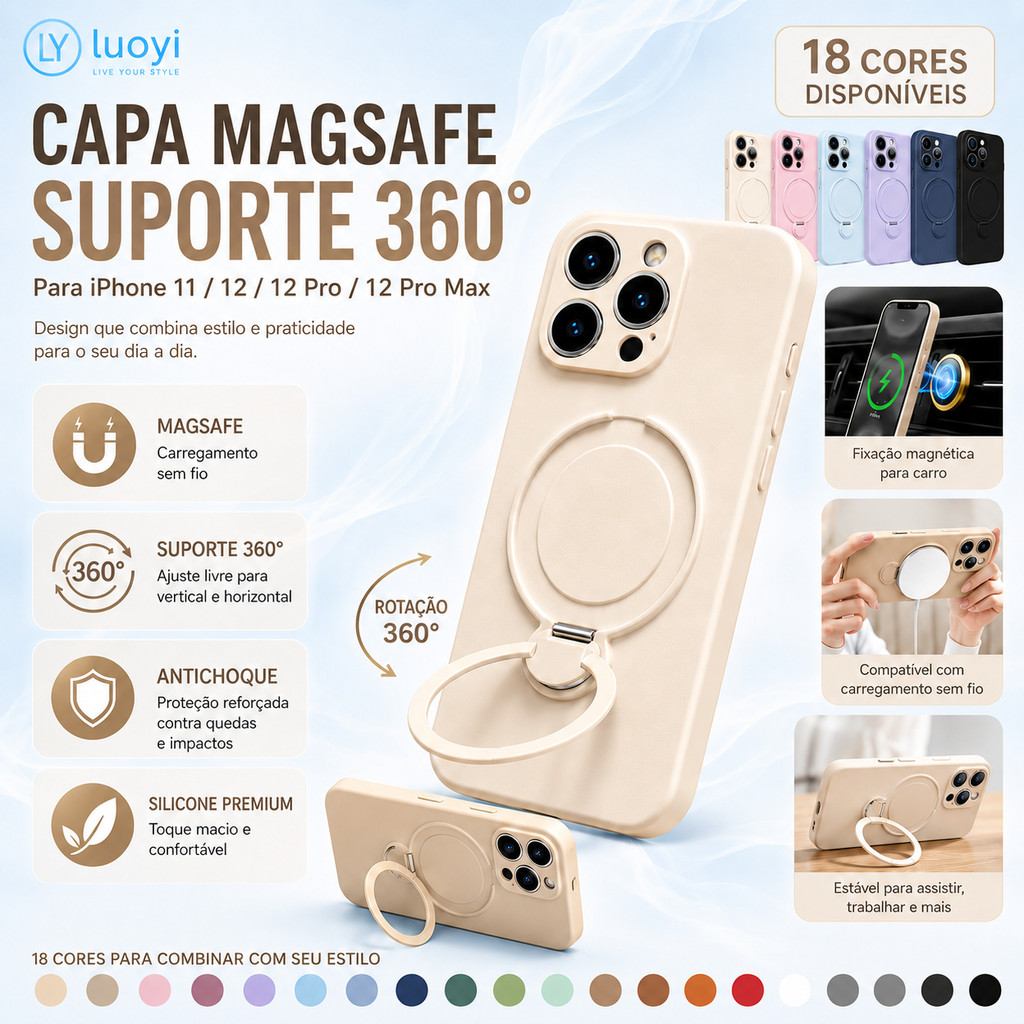 Capa MagSafe de Silicone com Suporte 360° Antichoque para iPhone 11 12 13 14 15 16 17 Pro Pro Max 16E/17E 17 Air