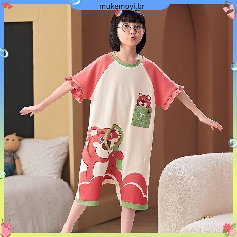 Pijamas infantis macacão de bebê verão estilo fino meninas anti-chute anti-resfriamento de manga curta puro algodão meni