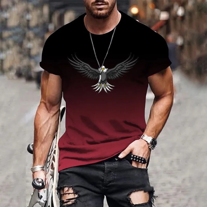 Camiseta Masculina Gradiente Águia 3D Impressa Verão Lazer Ao Ar Livre Esportes De Secagem Rápida Manga Curta Topos Plus
