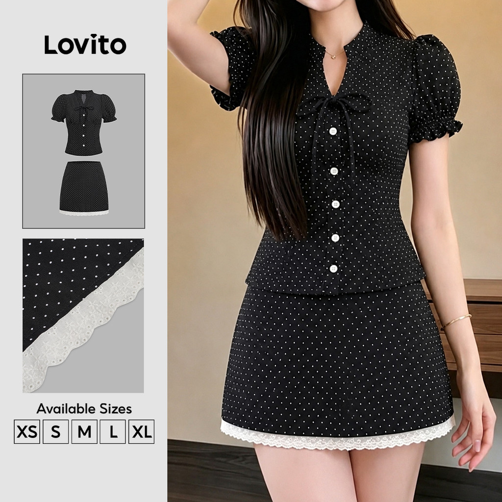 (New Arrival) Lovito Conjunto Casual De Blusas Ou Calças Com Estampa De Bolinhas Botões Frontais Zíper E Renda Perfeito Para a Primavera/verão E Fins De Semana Estilo Y2K Para Mulheres KSB201P1D440