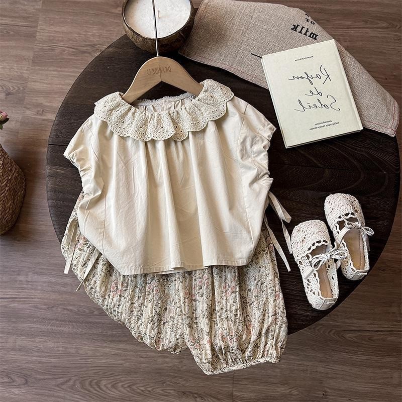 Verão meninas terno bebê moda crianças único na moda influenciador versão coreana Mori camisa de renda Floral Bloomers