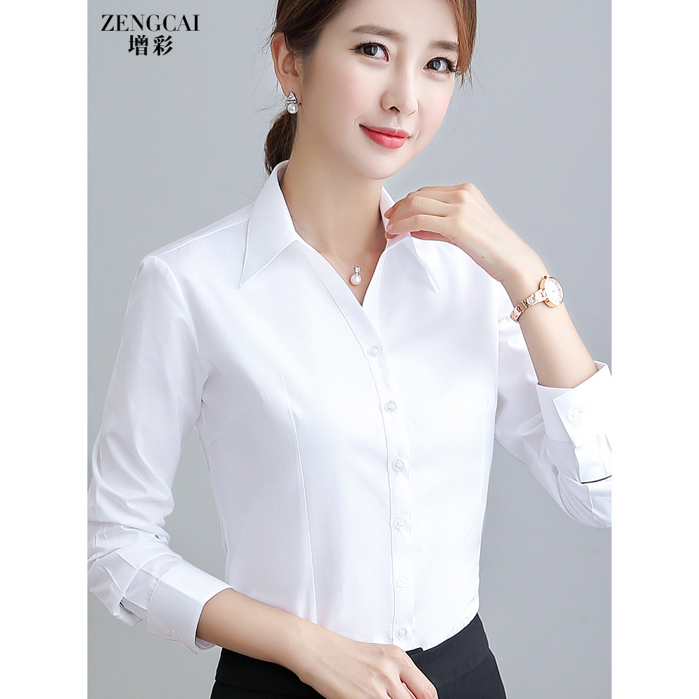 Zengcai camisa profissional feminina de manga comprida Slim Fit Look mais fino com decote em V camisa branca roupa de tr