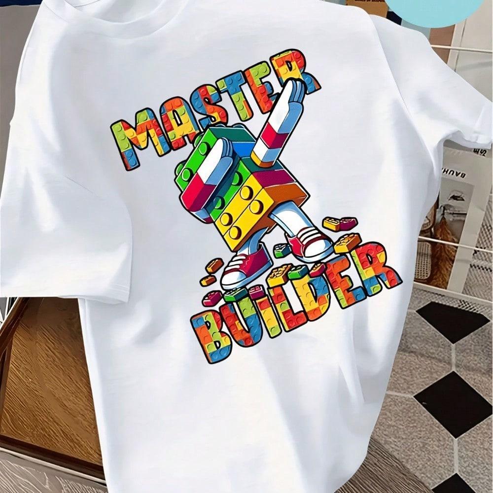 Camiseta infantil 100% algodão estampada personagem quadrado MASTER BUILDER look divertido para meninos