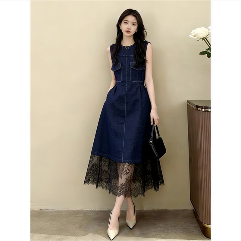 T elegante vestido jeans azul feminino 2026 verão pequeno High-End Super lindo sem mangas saia longa feminina 2026 verão
