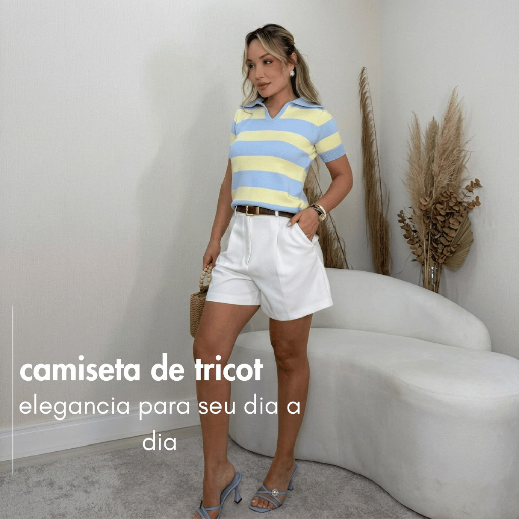Camisa Polo Feminina em Tricô Listrada Manga Curta Moda Casual Verão