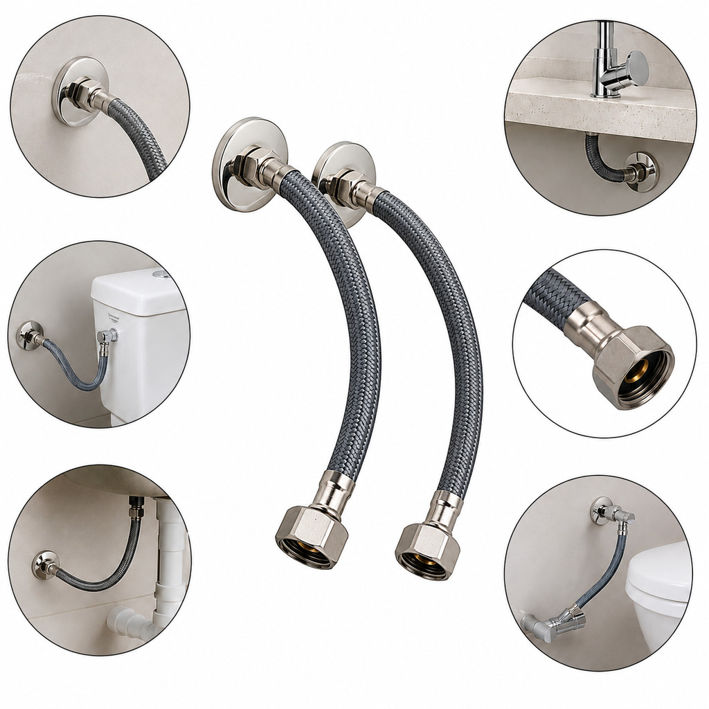Kit 2 Engate Mangueira Flexivel Tranocado 40cm Alta Pressao Metal Cromado Torneira