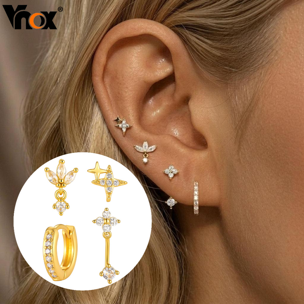 Vnox 4 Peças Brincos De Ouro Estrela Flor Zircônia Cúbica Argola E Para Meninas Mulheres Joias Diárias Presente