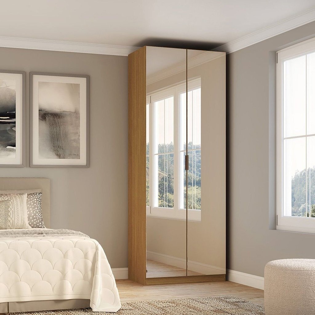 Guarda-roupa Modulado 2 Portas com Espelho Prateleiras Cabideiros sem Gavetas 90cm 100% MDF Altezza Freijó
