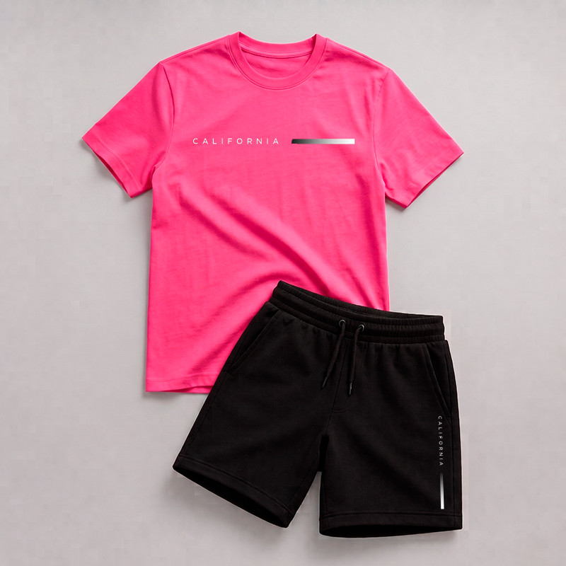 Kit Camiseta California Minimalista + Short Moletim Estampado 100% Algodão Premium Confortável