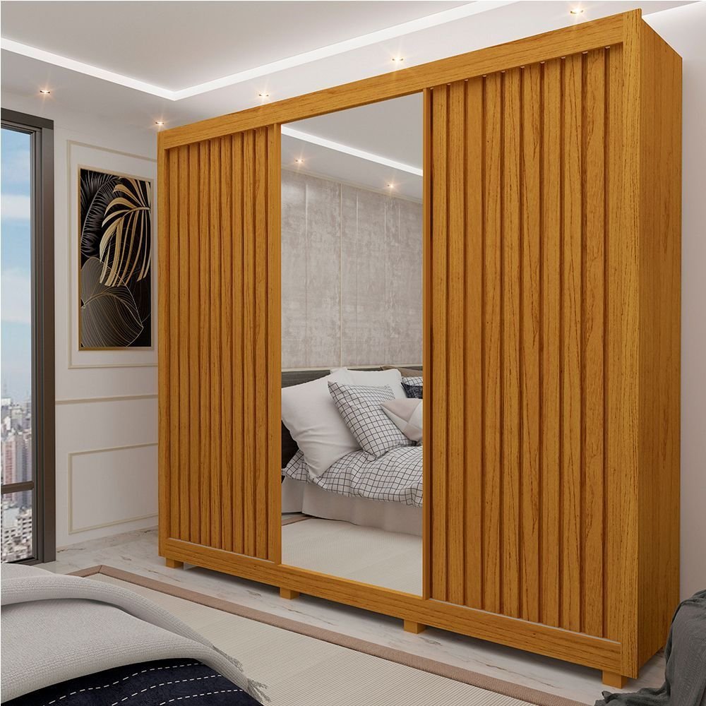 Guarda Roupa Casal com Espelho 3 Portas Pés Royale Ripado 100% MDF Marrom/Marrome Naturale