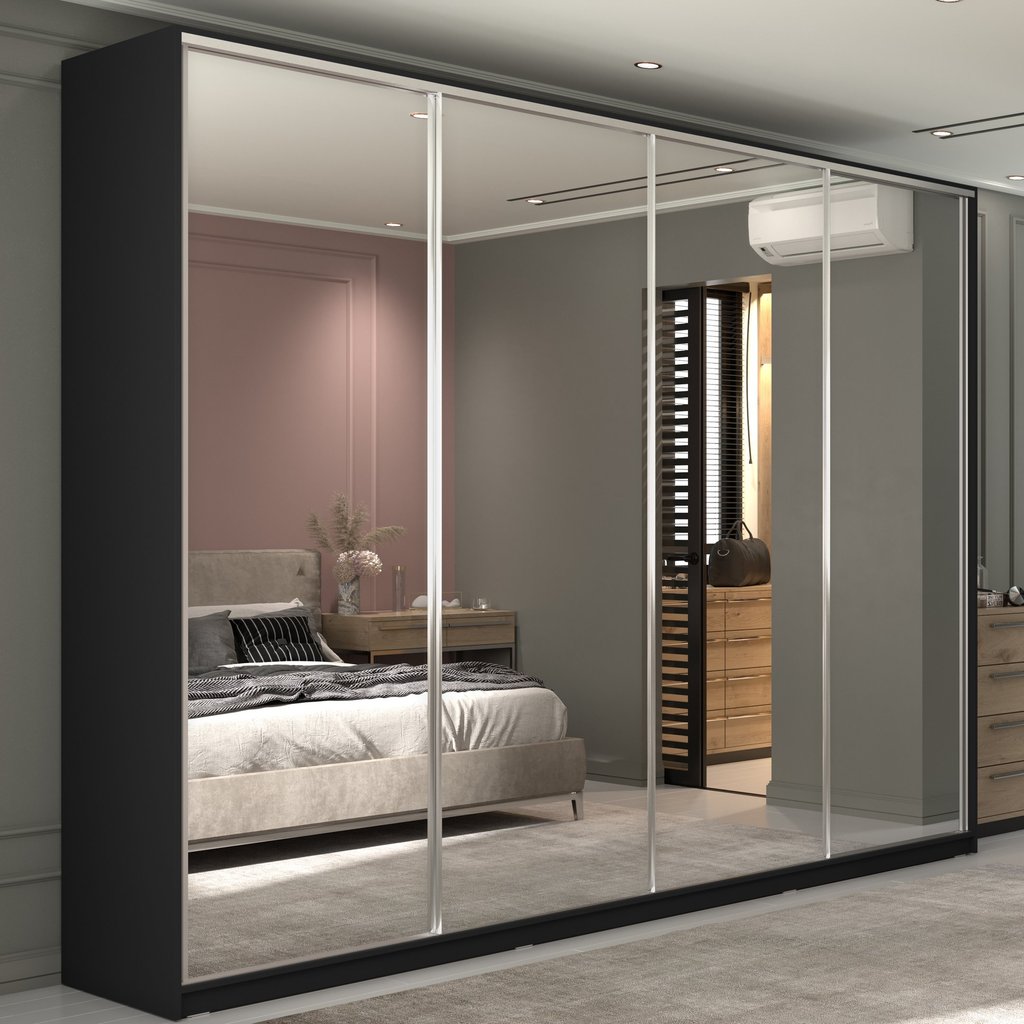 Guarda Roupa Casal 100% MDF BP com 4 Portas Espelhos Zermatt Preto Preto