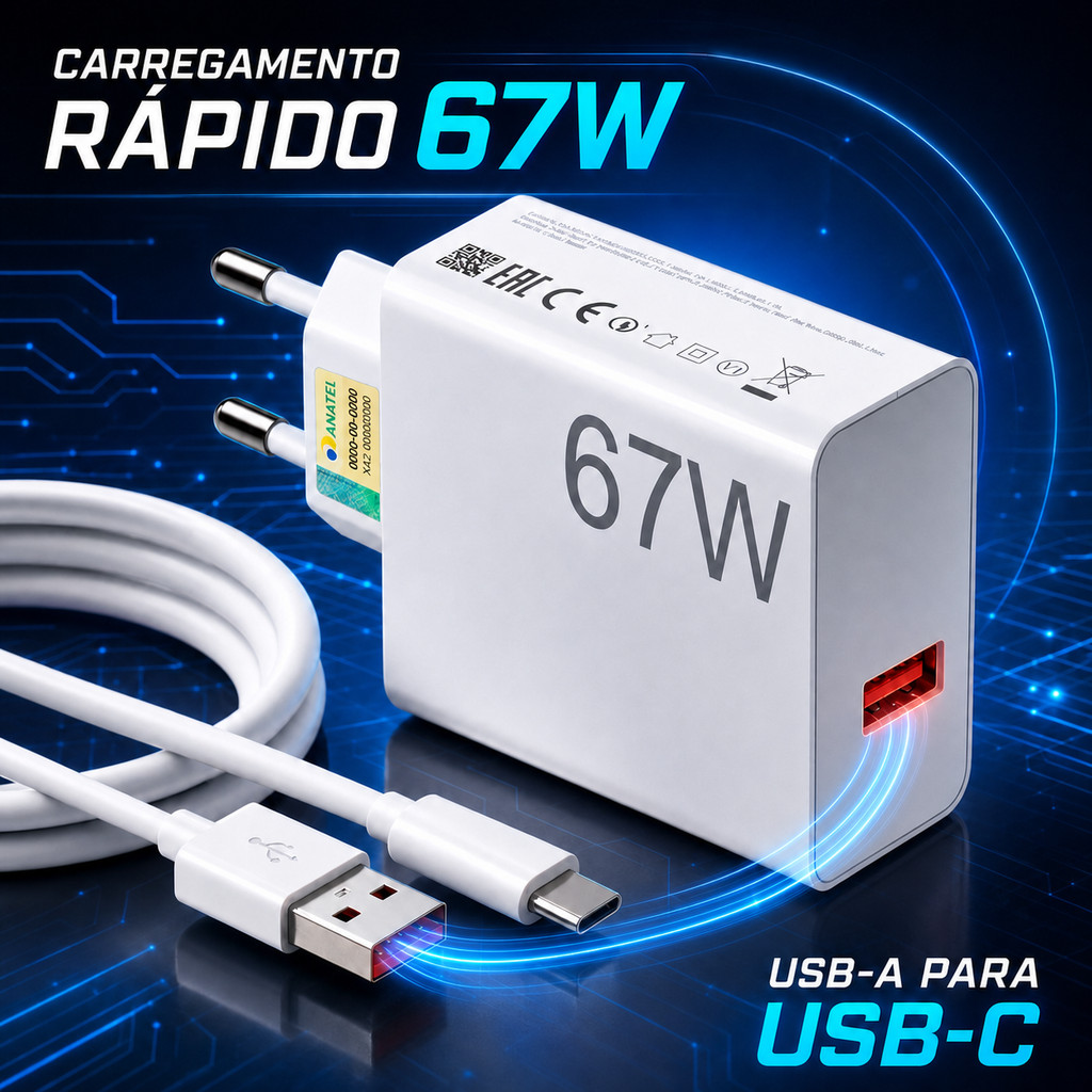 Carregador Turbo 67W Alta Potência com Cabo USB-A para Tipo-C 6A Super Rápido Android