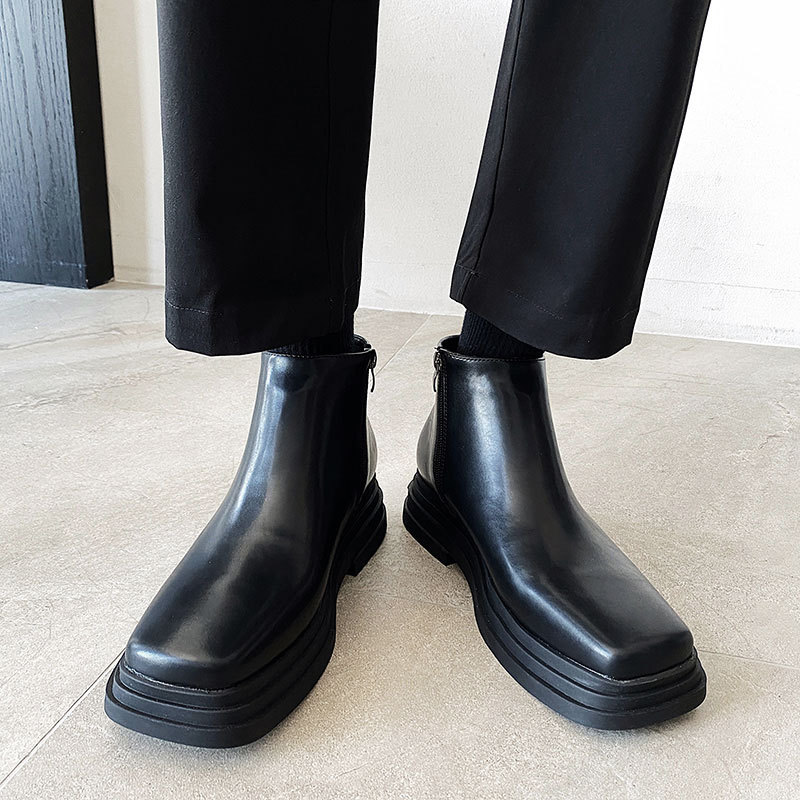 Botas de nicho masculinas, bico quadrado, Chelsea, sola grossa, estilo britânico, zíper, botas curtas, sapatos de couro 