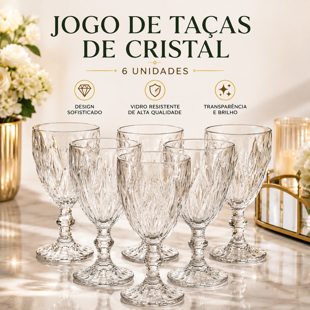 Jogo de Taças de Vidro Vintage Lapidada 6 Peças 330ml Presente para Casamento Mesa Posta Decoração Bela Flor