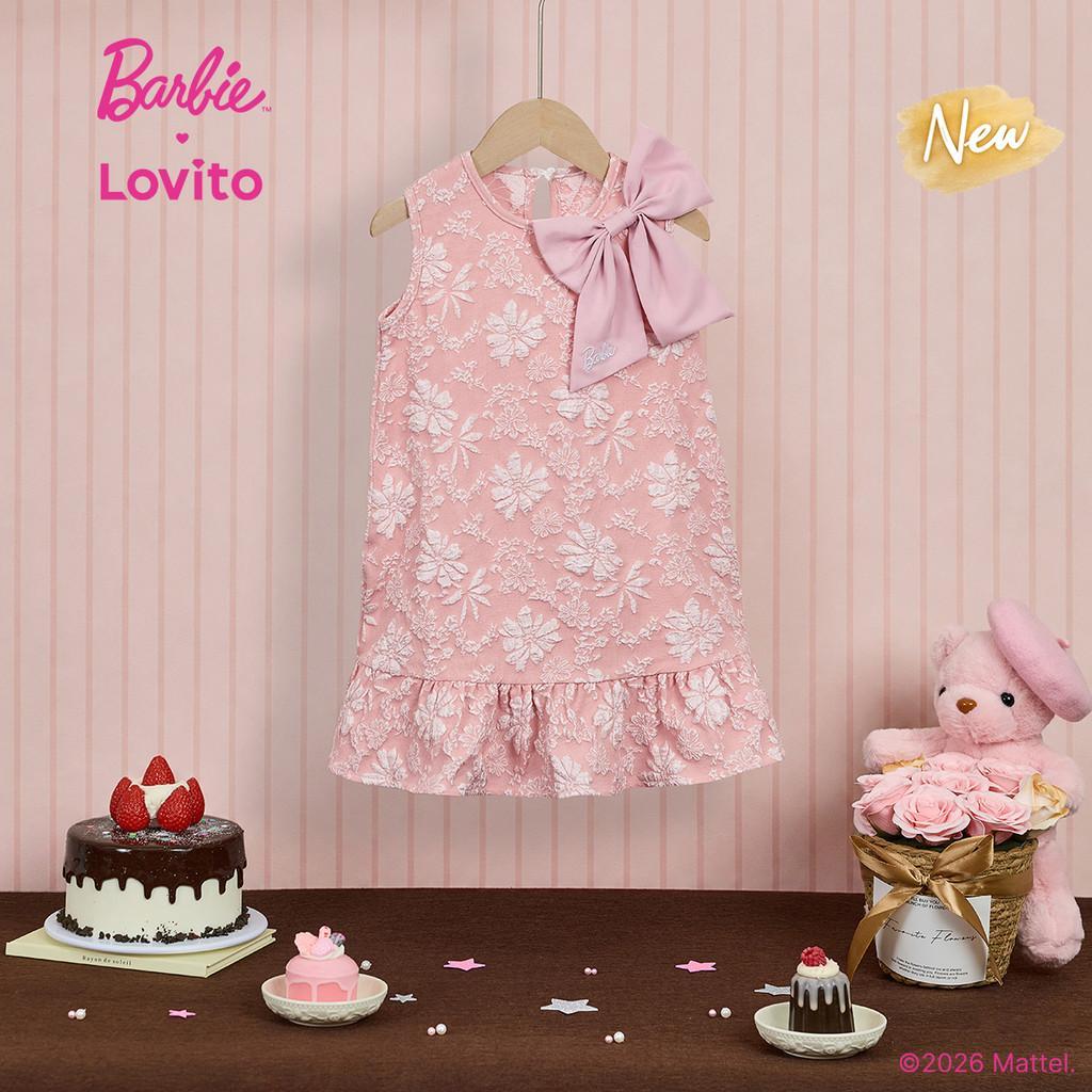 (New Arrival) Barbie™ X Lovito Kids Vestido Casual Rosa Com Laço E Acabamento Em Bordado E Babados Para Menina primavera/verão DRBL6PAD034