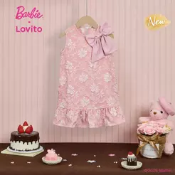 (New Arrival) Barbie™ X Lovito Kids Vestido Casual Rosa Com Laço E Acabamento Em Bordado E Babados Para Menina primavera/verão DRBL6PAD034