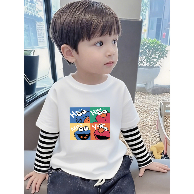 Desenhos animados dos desenhos animados impresso falso de duas peças de manga comprida camiseta crianças costura branca 