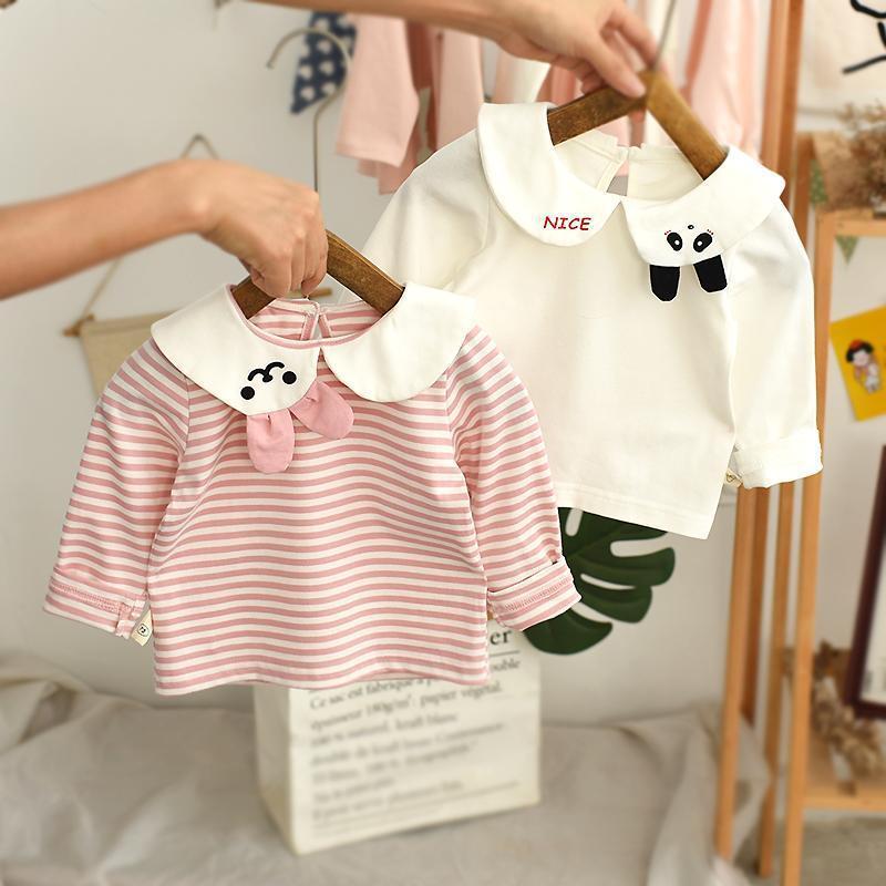 Meninas bebê camisa de fundo primavera bebê crianças primavera roupas crianças gola boneca manga longa listrado camiseta