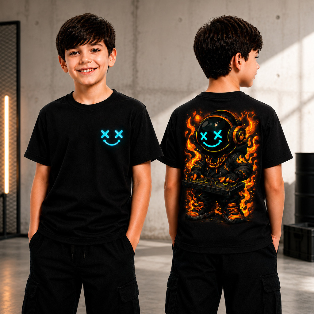 Camiseta Infantil Menino Estampada DJ Manga Curta 100% Algodão Estiloso Confortável do 2 ao 14 Uniseex