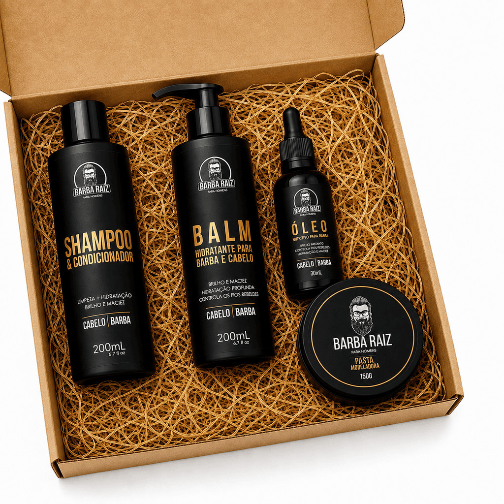 Kit para barba/cabelo - Shampoo + Condicionador, Pasta Cera Modeladora, Óleo - Barba Raiz